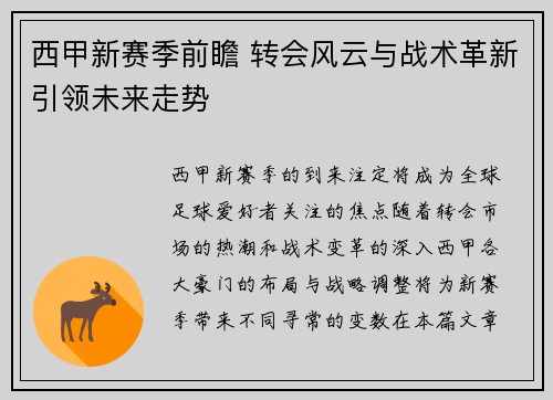 西甲新赛季前瞻 转会风云与战术革新引领未来走势