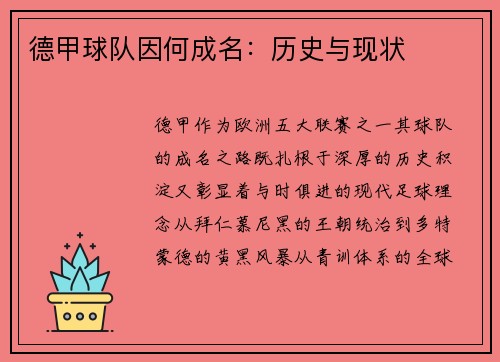 德甲球队因何成名：历史与现状