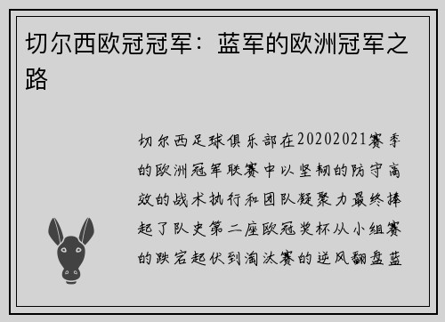 切尔西欧冠冠军：蓝军的欧洲冠军之路