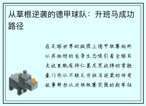 从草根逆袭的德甲球队：升班马成功路径